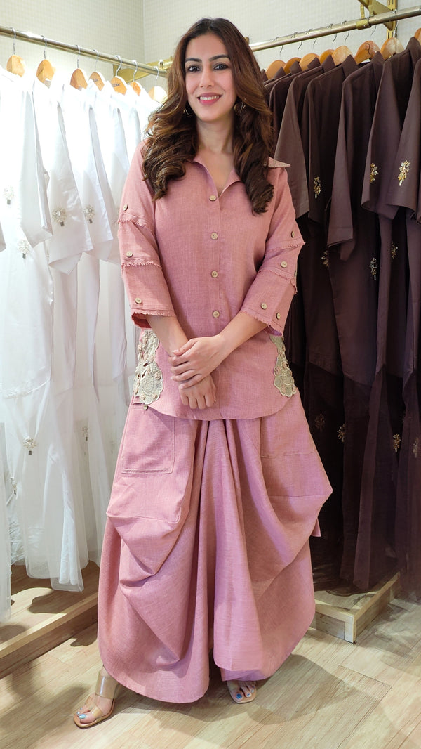 Blush Pink Embroidered Drape Skirt Set