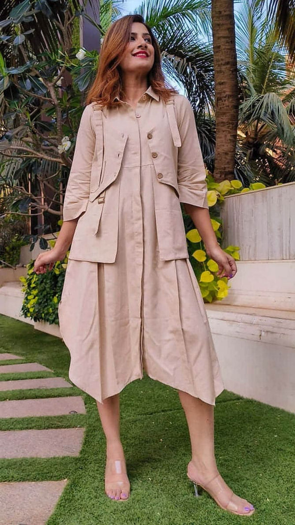 Beige Shirt Dress With Waist Coat