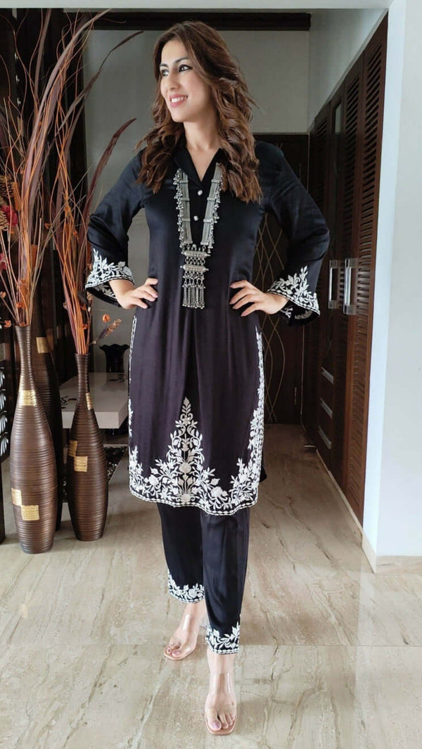 Black White Embroidery Coord Set - Two Piece