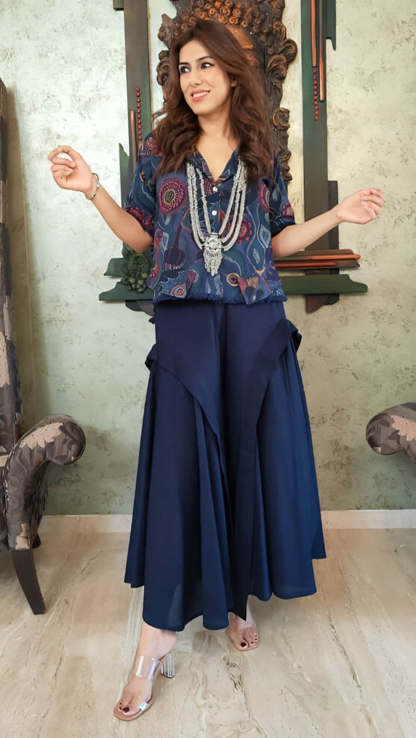 Blue Shirt with Drape Flared Pants