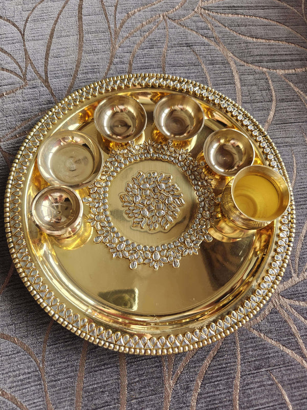 Brass Kundan Pooja Thali 7 Pc Set - Accessory