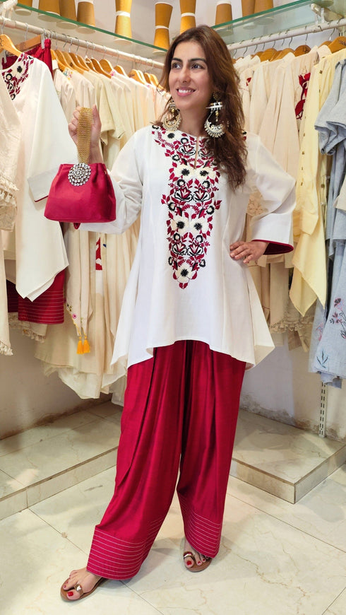 Embroidery White Maroon Farshi Salwar With Handbag