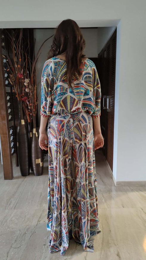Teel & Multicolored Matt Velvet Digital Print Office Wear Coord set main image 1