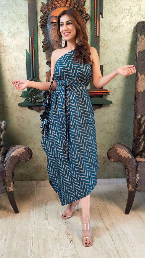 Gold Blue One Sided Kaftan With Belt