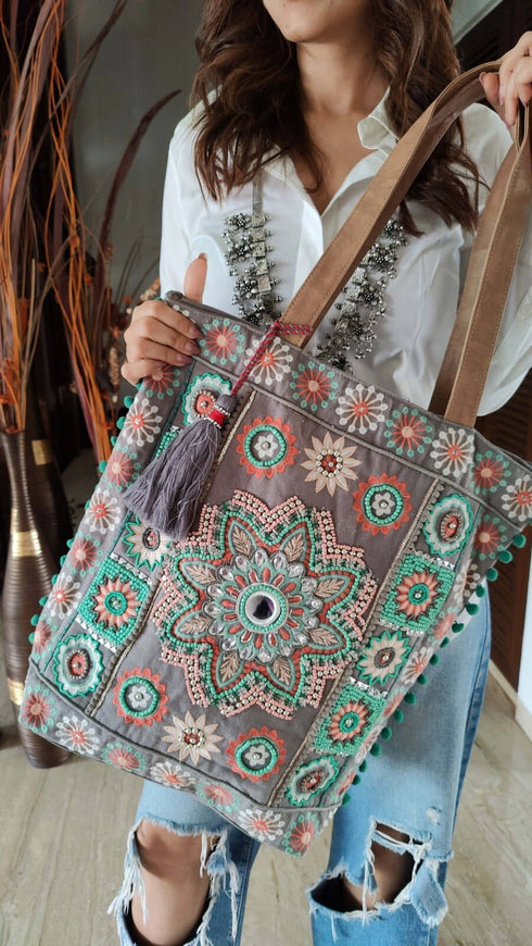 Grey Beadwork Banjara Handcrafted Embroidery Tote Bag