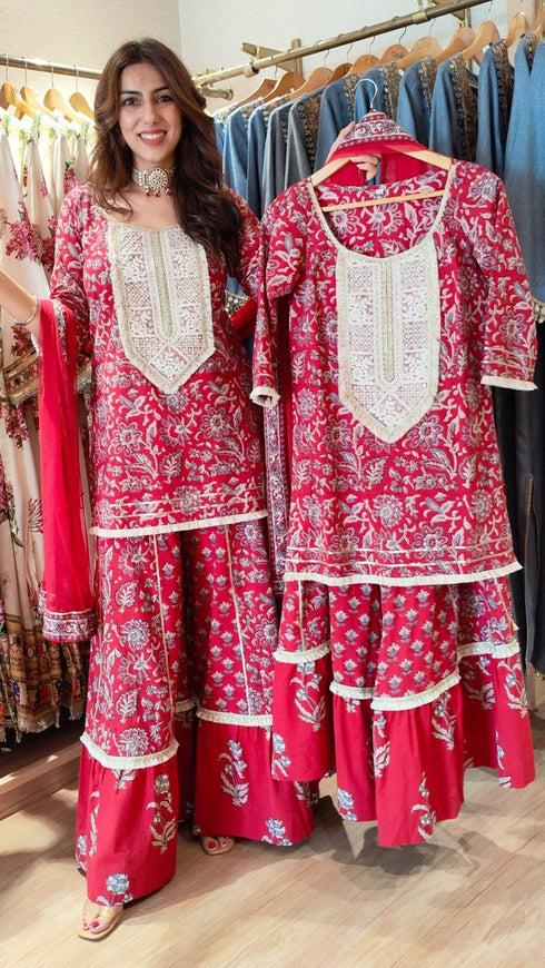 Cotton Grey Red Sharara Set