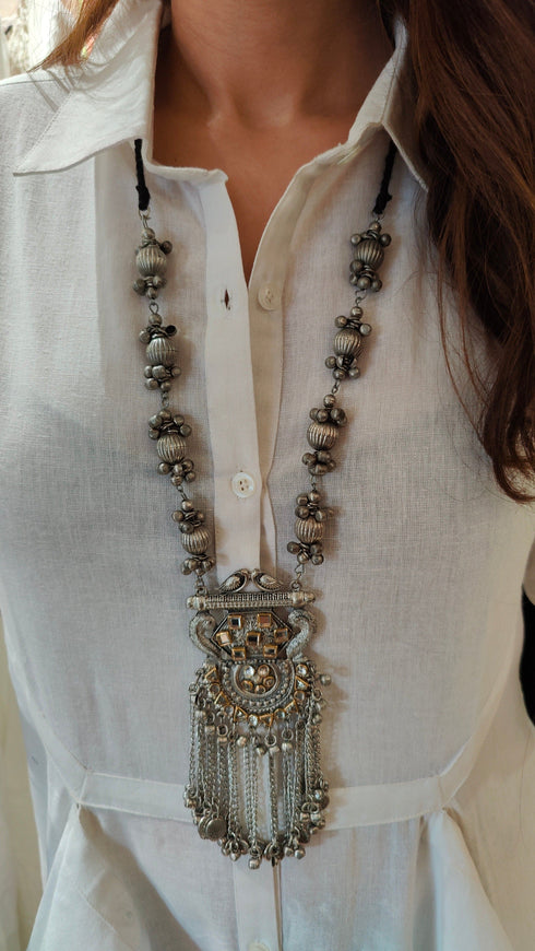 Oxidised Pendant Necklace with Chain Tassels