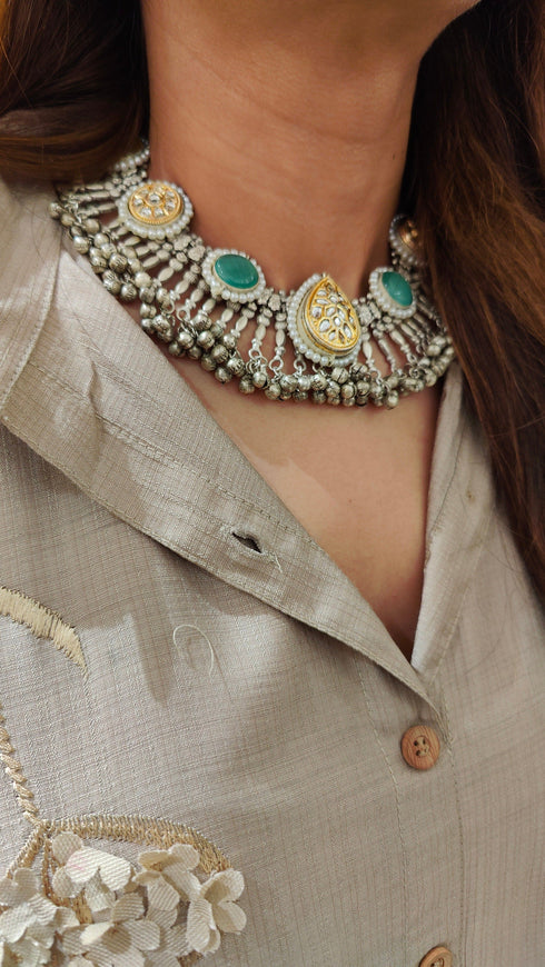 Oxidised Choker with Green & Yellow Stones