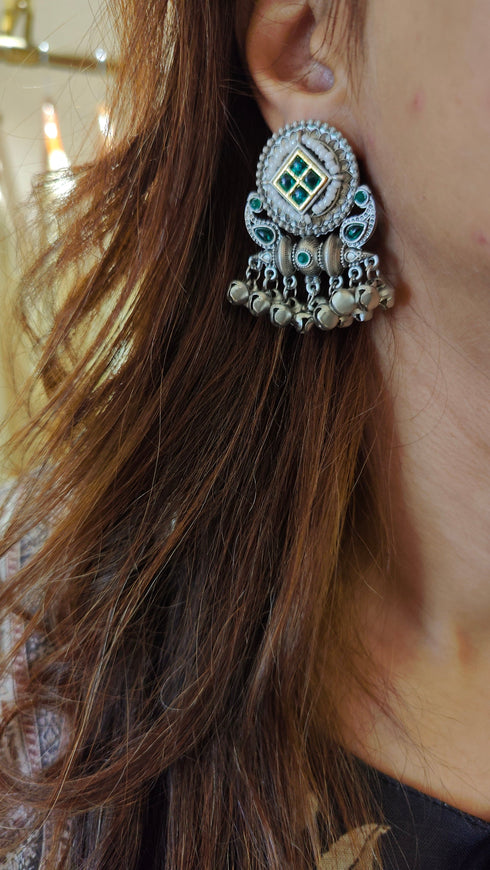 Oxidized Small Silver Earrings with Green Stone