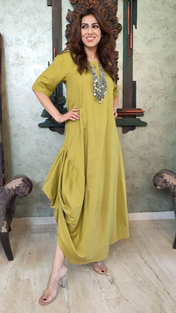 Indo Western Mustard Green Dress With Neckpiece – Label DC