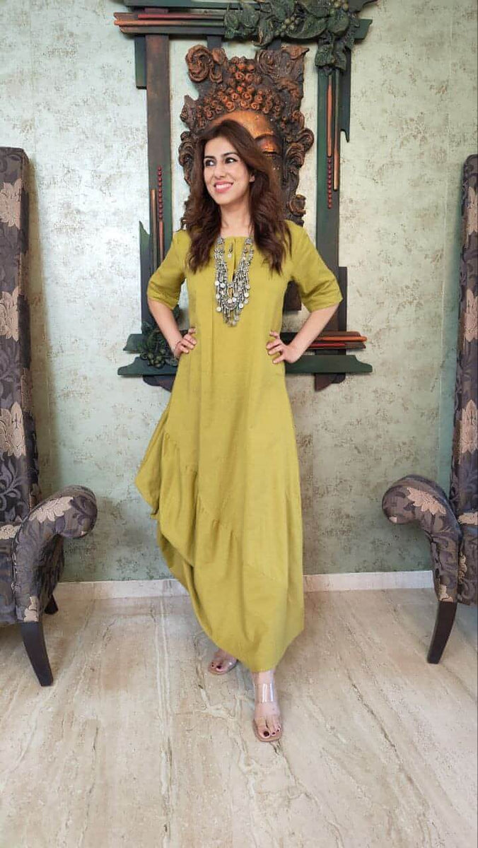 Indo Western Mustard Green Dress With Neckpiece  Label DC
