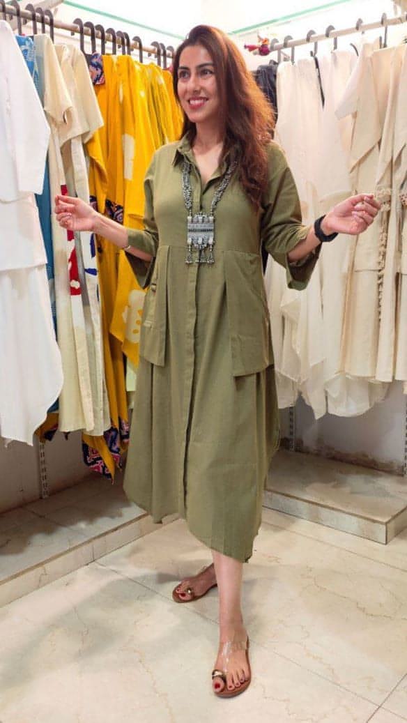 Khaki Green Shirt-Dress With Waist Coat