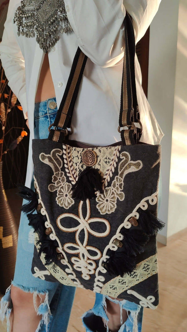 Mini Bronze Black Handcrafted Embroidery Tote Bag