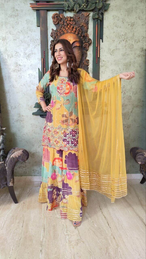 Mustard Purple Sharara Set