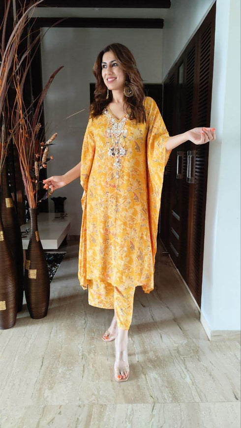 Mustard Yellow Hand Embroidery Kaftan Set