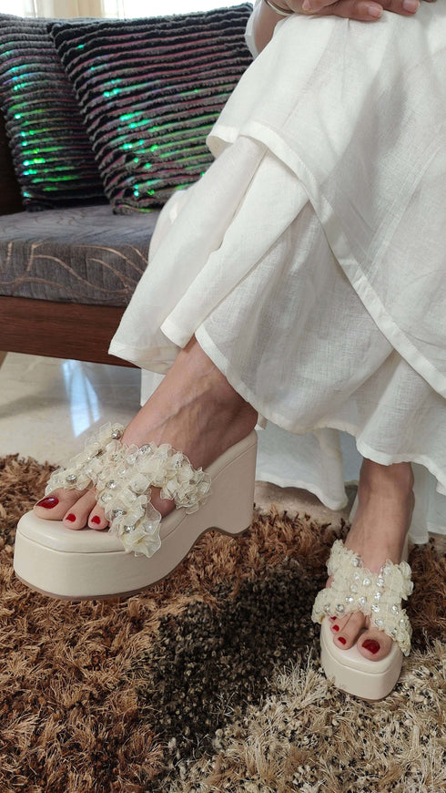 White Floral Wedge Heels