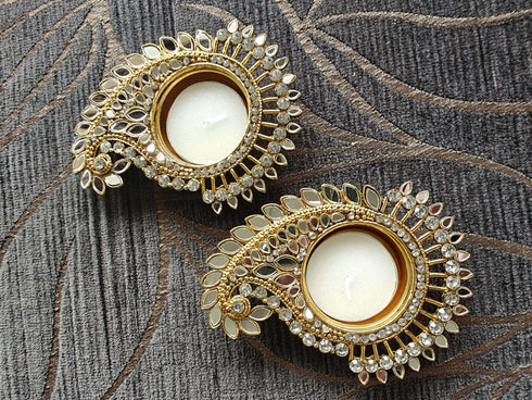 Paisley Shaped White Gold Diya Set (Pair of 2) - Accessory