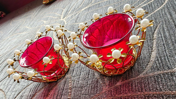 Pearl Red Glass Diya Set (Pair of 2) - Accessory