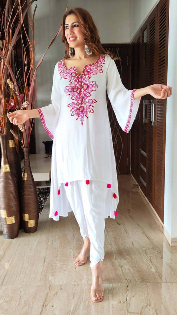 Pink Tassel White Kurta Set