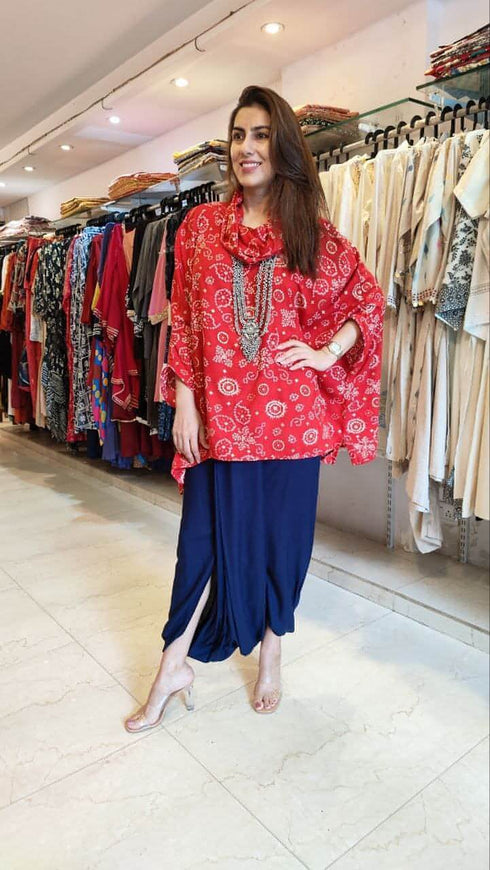 Red Bandhini Top with Dhoti