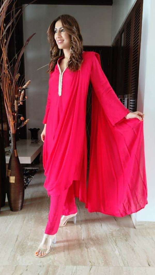 Red Drape Sari Kurta with Pant