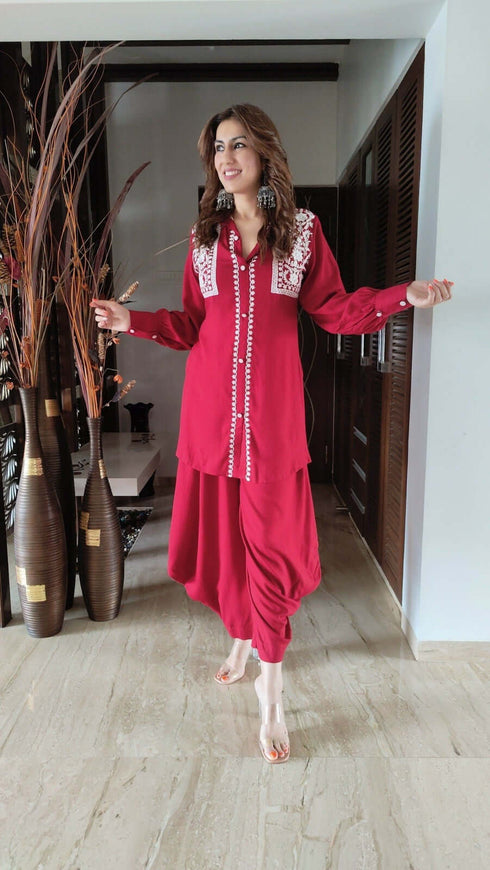 Red Kurta Dhoti Set with Embroidery