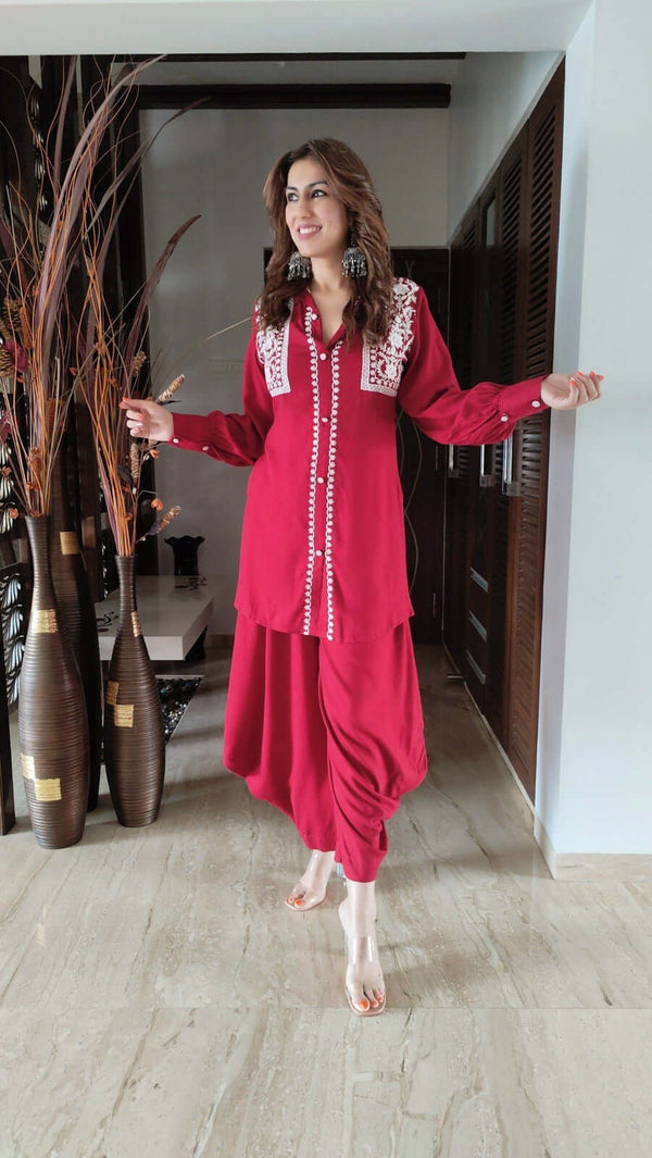 Red Kurta Dhoti Set with Embroidery