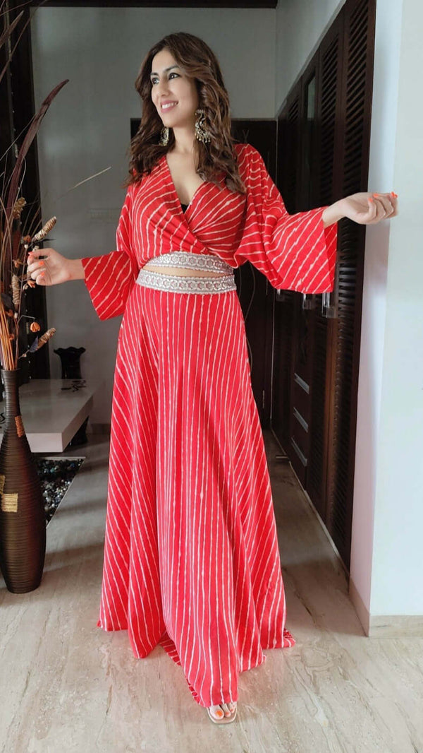 Red Leheriya Top with Skirt Coord Set