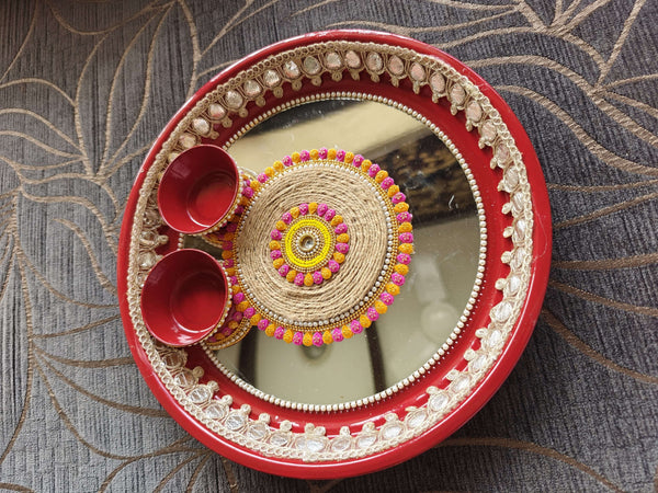 Red Mirror Jute Pooja Thali Set - Accessory