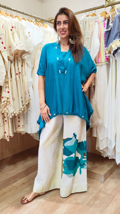 Rose Teal Blue Kaftan Coord Set