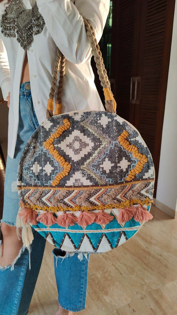 Round White Blue Ikat Banjara Handcrafted Embroidery Tote Bag