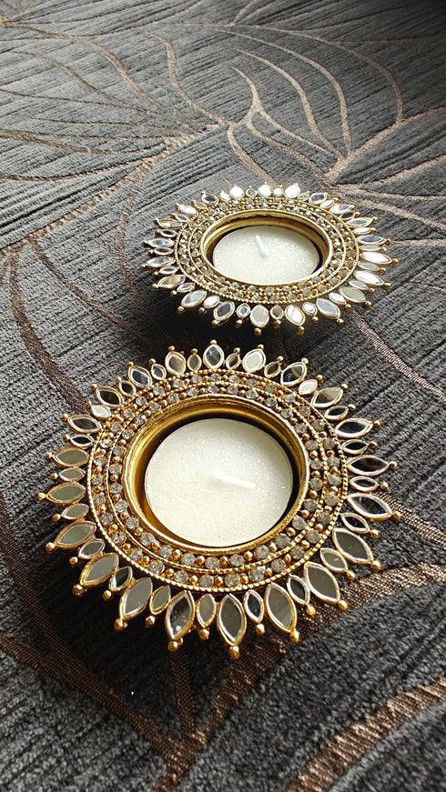 Round White Gold Kundan Diya Set (Pair of 2) - Accessory