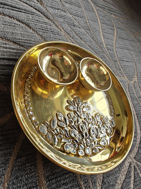 Small Kundan Brass Pooja Thali Set - Accessory