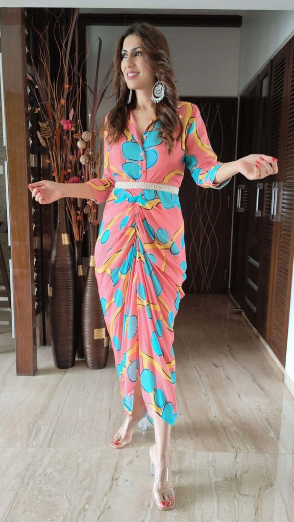 Tropical Pink Dress with Belt