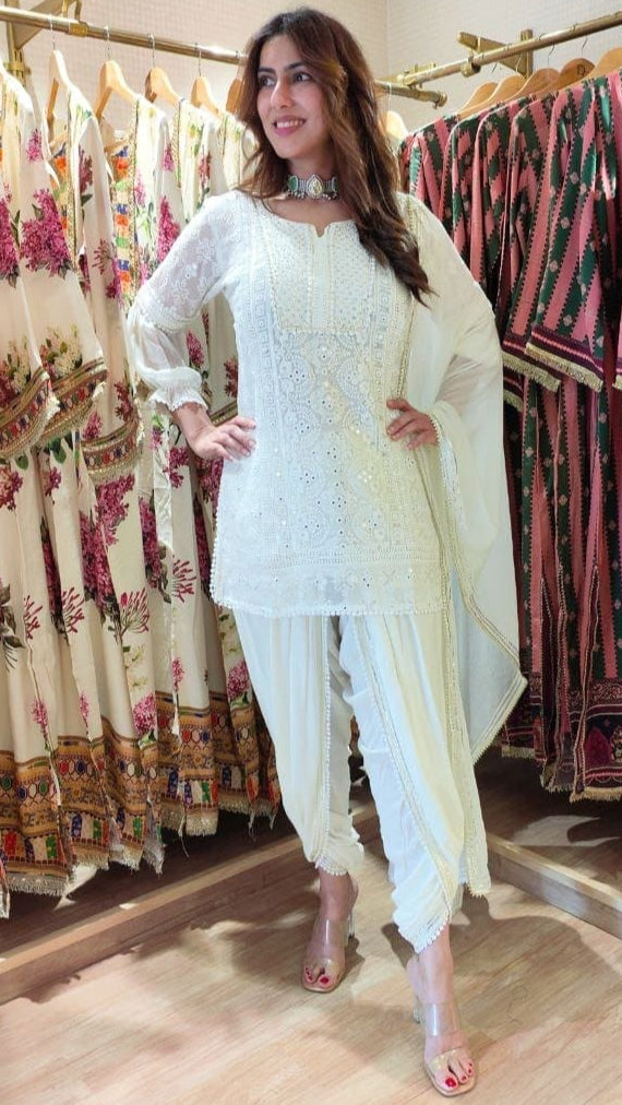 White Chikan Set With Duppatta