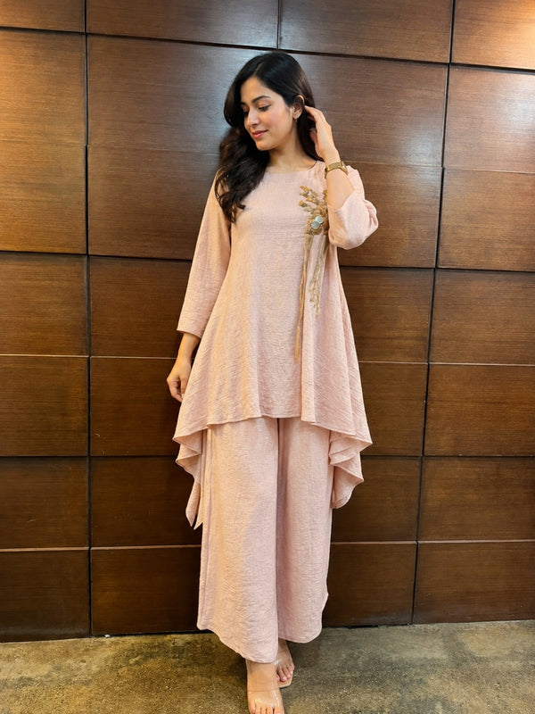 Light Pink Crinkle Cotton Hand Knitted Motif Coord Set