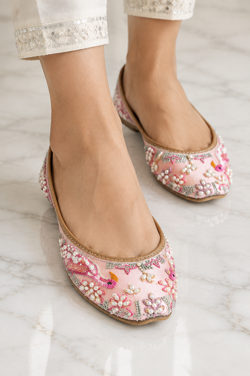 Pink Floral Embroidered Jutti With Pearl & Sequin Work