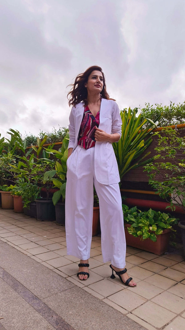 White Abstract Waist Coat Set