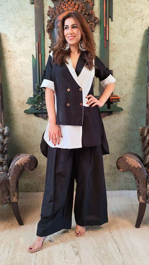 White Black Blazer Set