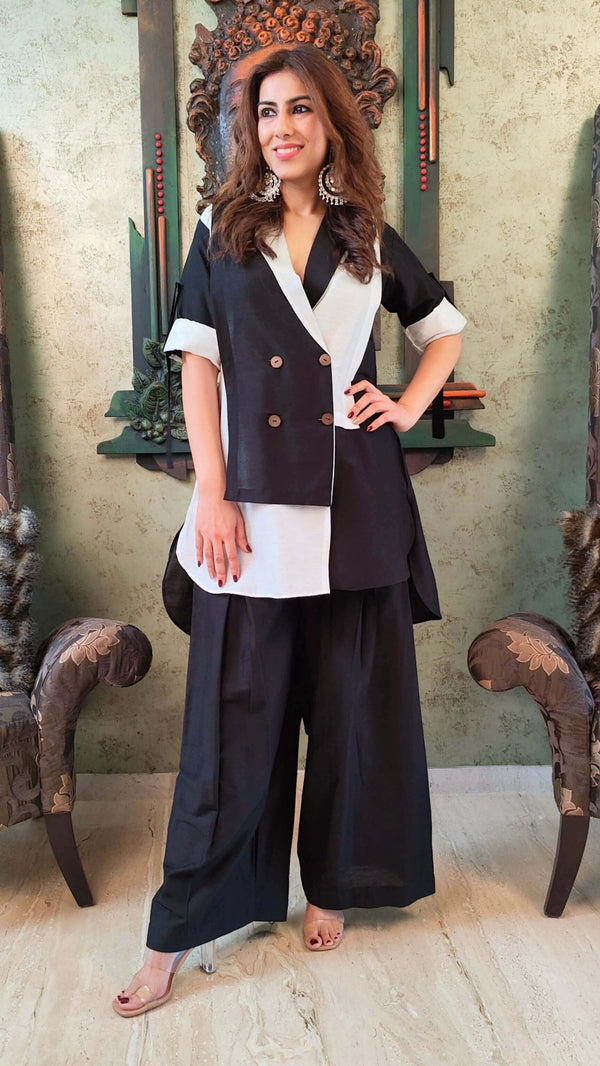 White Black Blazer Set