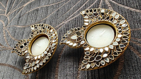 White Gold Kundan Diya Set (Pair of 2) - Accessory