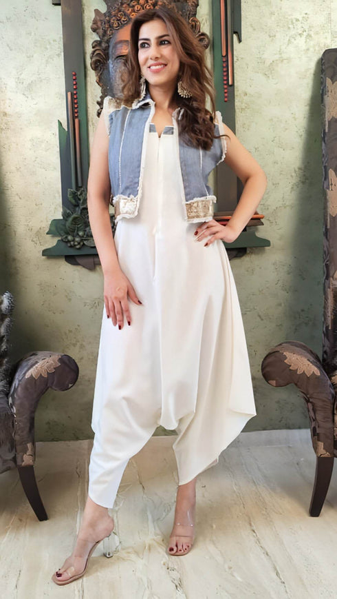 White Jumpsuit with Denim Jacket