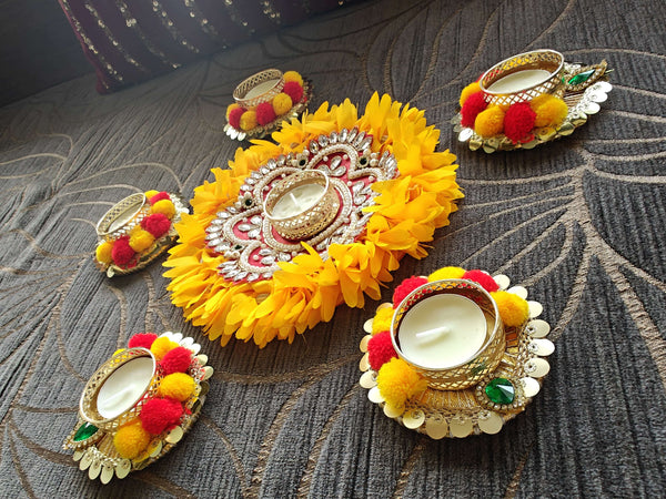 Yellow Flower Diya Rangoli Set - Accessory