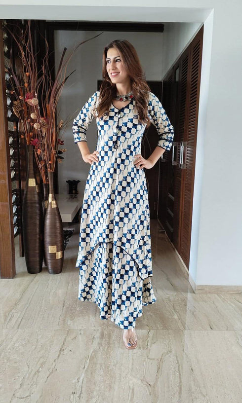 Blue Checks Dhoti Skirt Dress