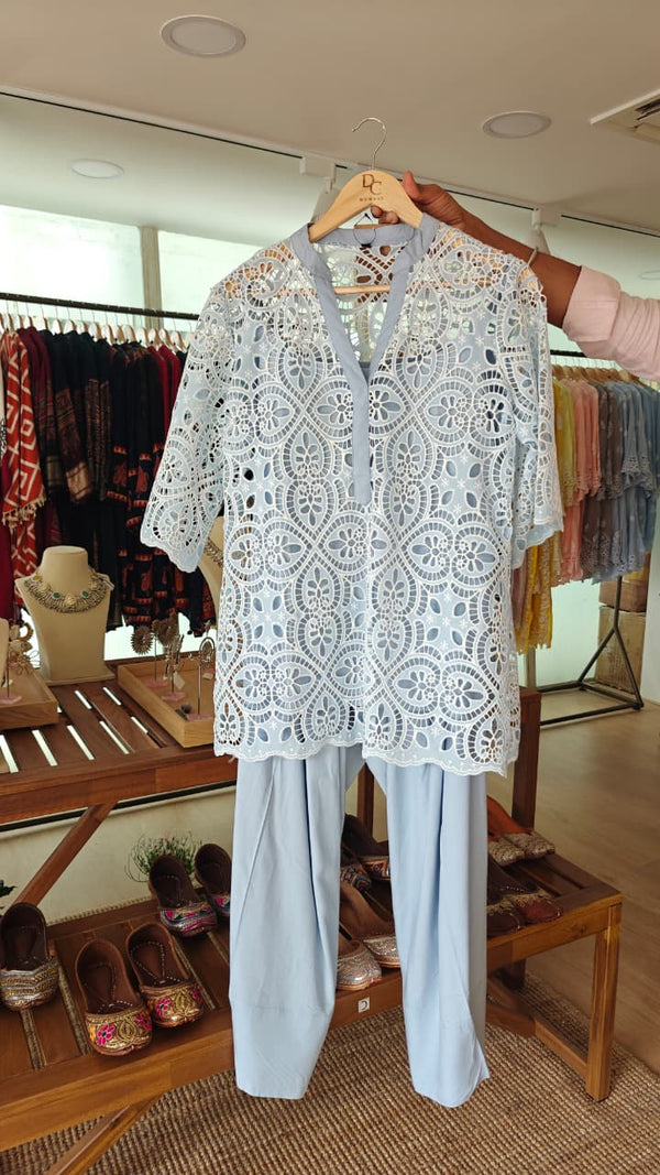 Blue Cutwork Kurta with Farshi and Singlet