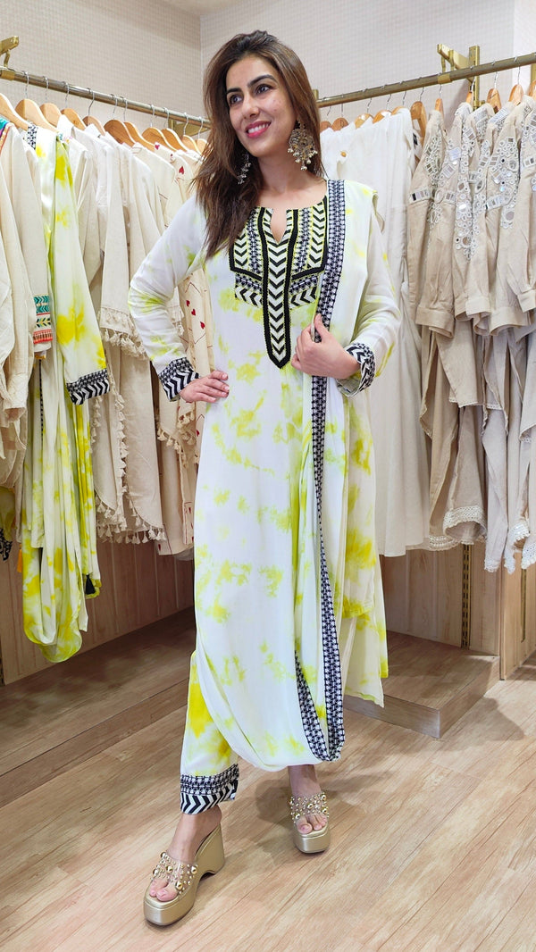 Tie Dye Green Drape Sari Kurta Set