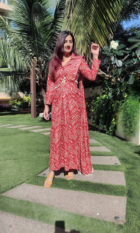 Red Shell Skirt Sari - Two Piece Set