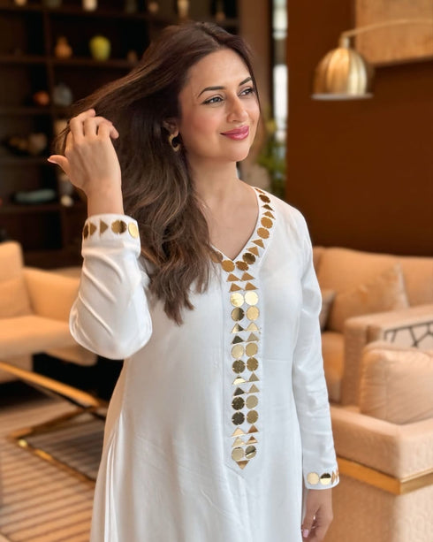 (@DivyankaTripathi) White Gold Dress