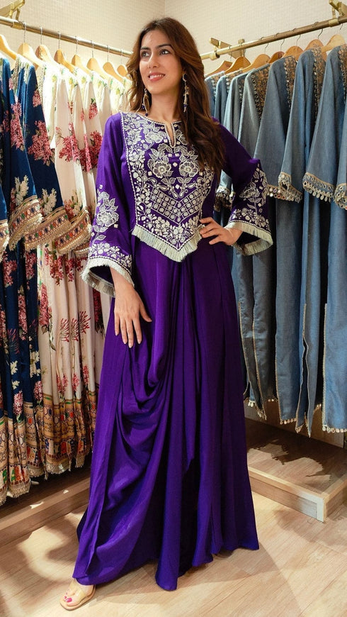 Purple Drape Skirt Set with Embroidered High-Low Top