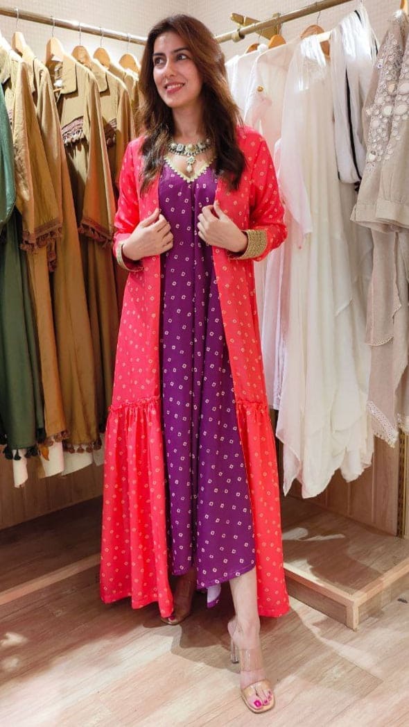 Bandhini High Low Dress with Long Cape